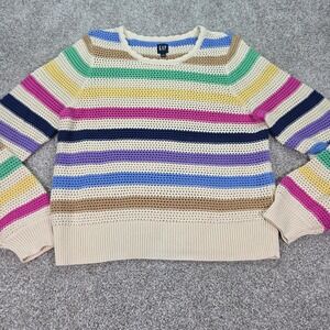 Gap Womens Rainbow Striped Open Knit Cotton Sweater Crewneck Multicolor Large